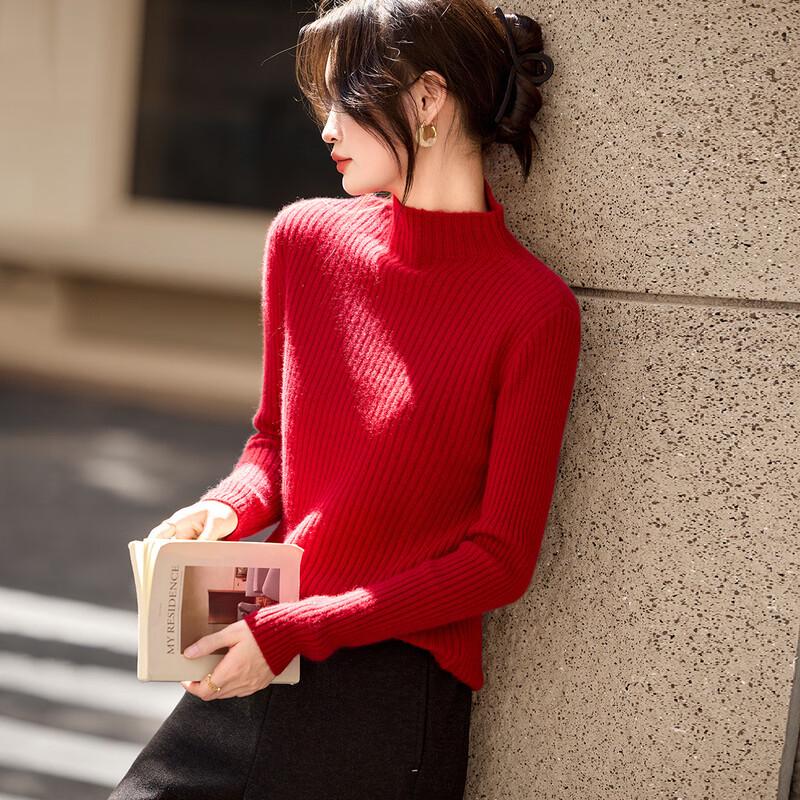 Srcr Women's Thickened Half-High Collar 100% Cashmere Ribbed Sweater
