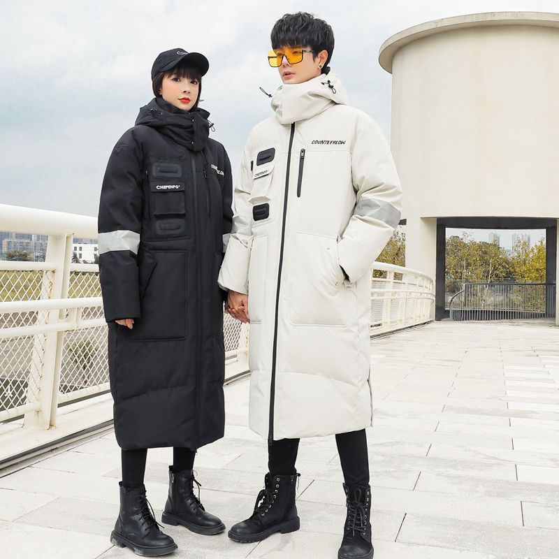 Men's and women's mid-length reflective stripes hooded cotton jacket thickened warm and cold-resistant comfortable feather silk down jacket