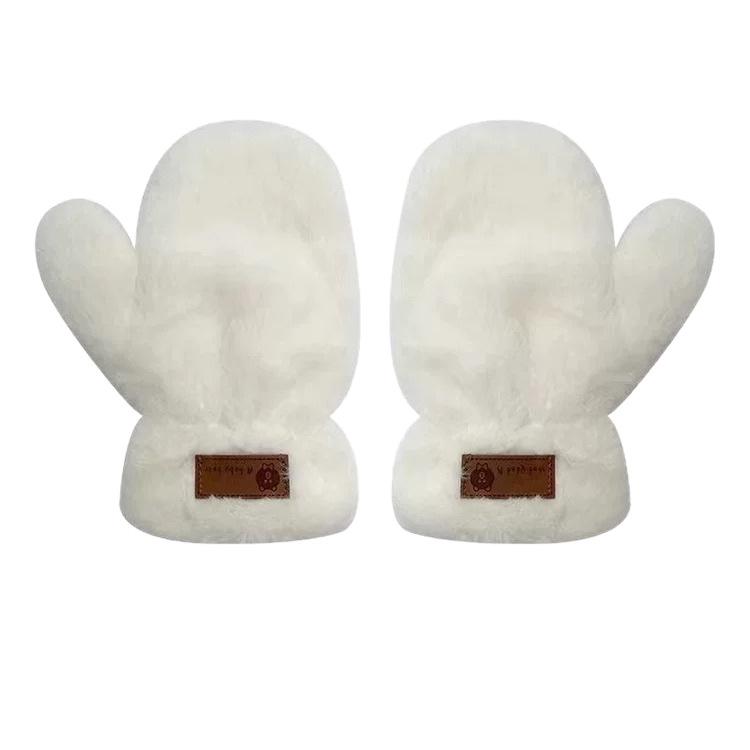 Winter Cute Girl Fleece-Lined Fingerless Plush Mittens with Faux Rabbit Fur - Warm and Stylish for Autumn & Winter
