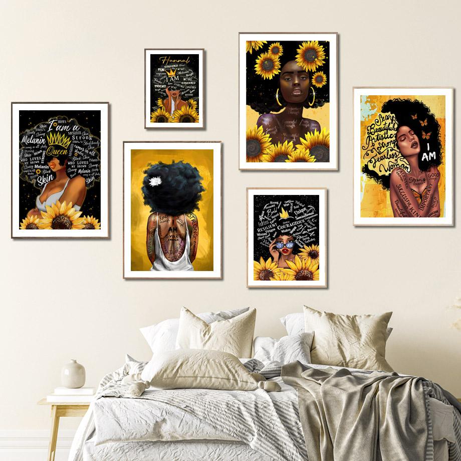 Abstract Sunflower Afro Girl Black Beauty African Art Canvas Painting Nordic Posters And Prints Wall Pictures Living Room Decor No Frame