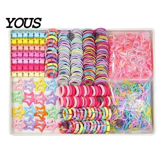 Elastic Fabric Hair Ties Colorful Bands Clips Mini Claw Rubber Versatile Kit with Box for Girls Teens Children, Accessories Daily Styling Everyday