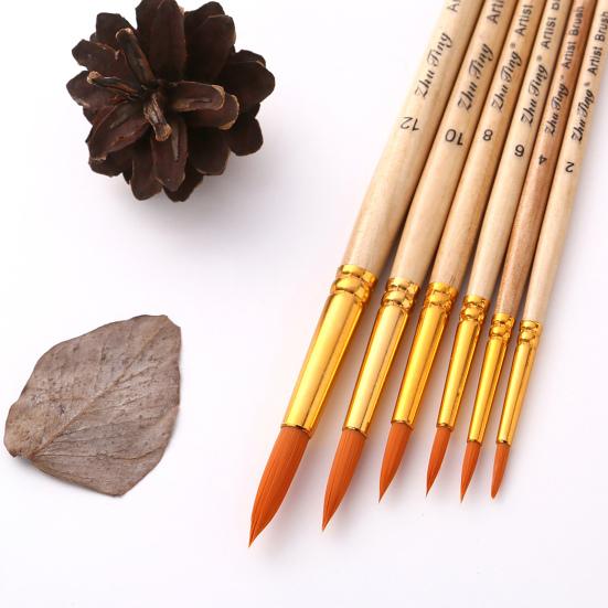 6Pcs/Set Painting Pen Set Dense Bristles DIY Soft Bristle Original Wood Color Rod Student Art Watercolor Paint Brushes Studio Supply