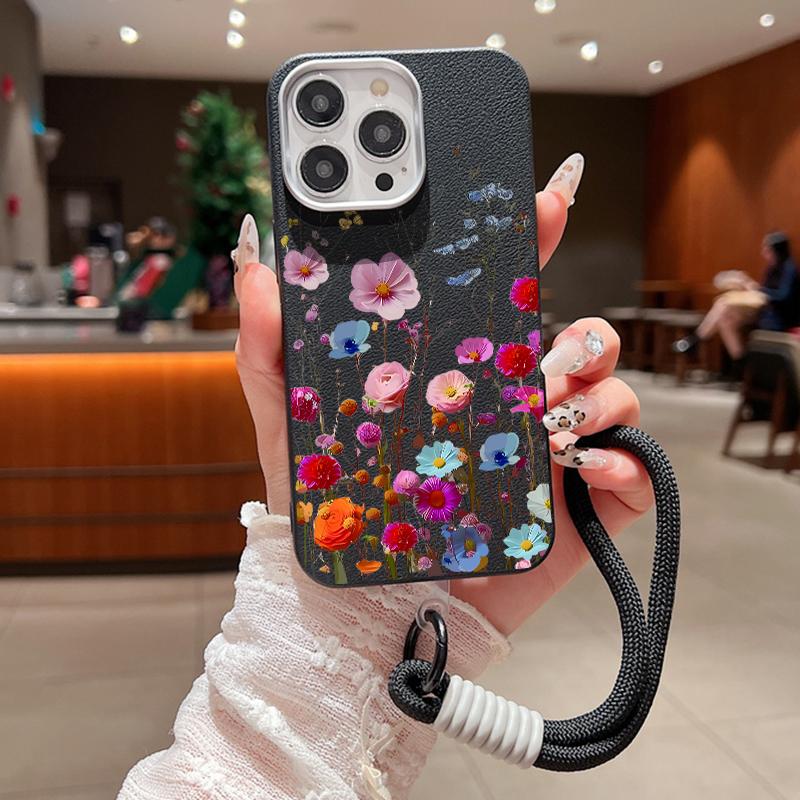 Husă mată rezistentă la șocuri, color trandafir, imprimeu floral, pentru iPhone 16 Pro Max 15 14 Pro 13 12 11, cu șnur moale, protecție pentru lentile, husă subțire din piele cu textura pentru telefon