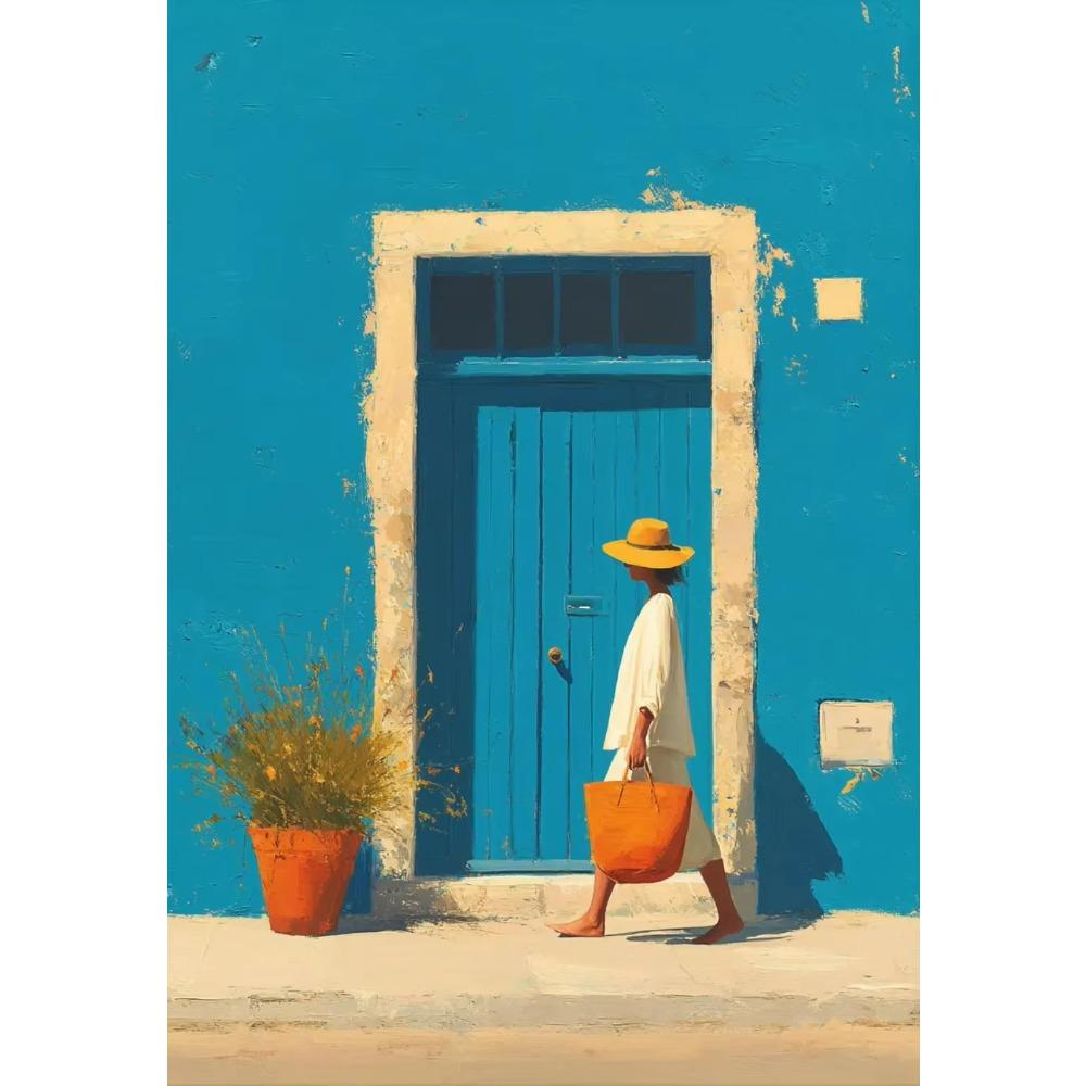 Mediterrane Landschaft Kräftiges Orange Blau Gebäude Küstenblau Sommer Poster Leinwandbild Druck Wandbilder Zuhause