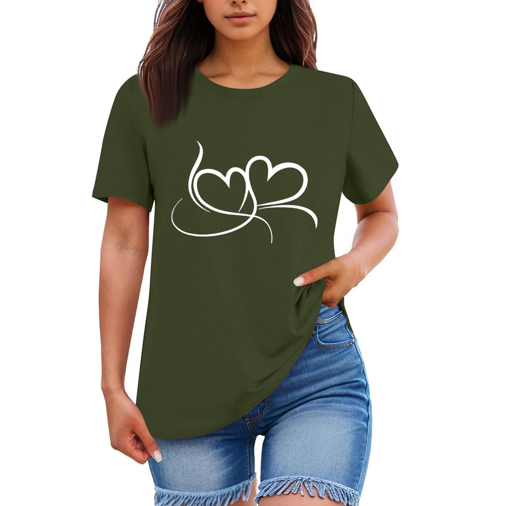Ladies' Loose Comfortable Casual Fashionable  Heart Pattern Printed Round Neck Short Sleeved Shirt