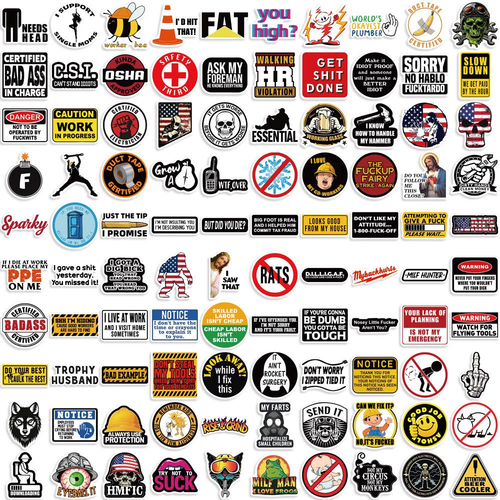 100 Funny Hard Hat Graffiti Stickers Decorate Guitar Notebook Suitcase DIY Waterproof