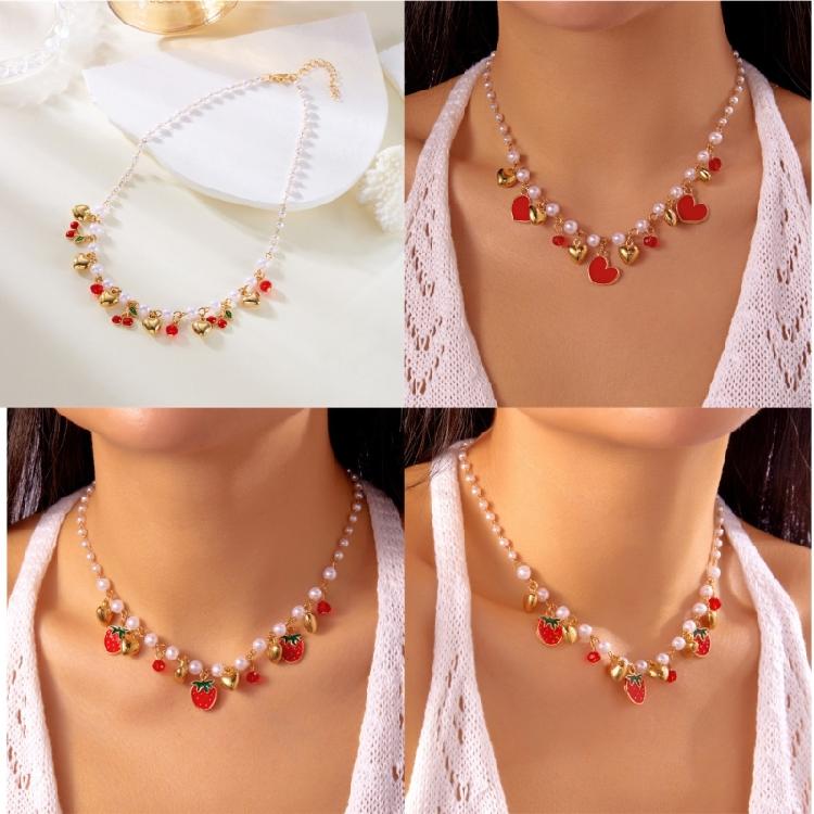 Playful Cherry Strawberry Heart Pendant Necklace With Margarite Details Flexible Chain Design Ideal For Layering
