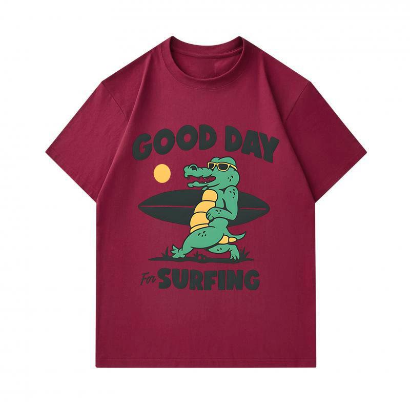 Men's 100% Cotton Crew Neck Short Sleeve T-Shirt, Funny Good Day For Surfing Cartoon Crocodile Printed Casual Lightweight Tee for Daily Summer Wear