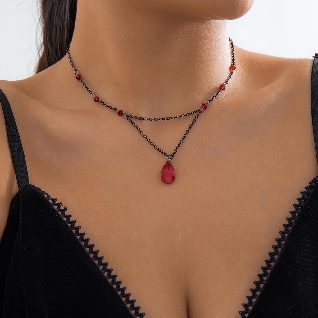 Ingemark Elegant Trendy Black Red Water Drop Pendant Chokers Necklace for Women Exquisite Metal Thin Chain New Year Jewelry Gift