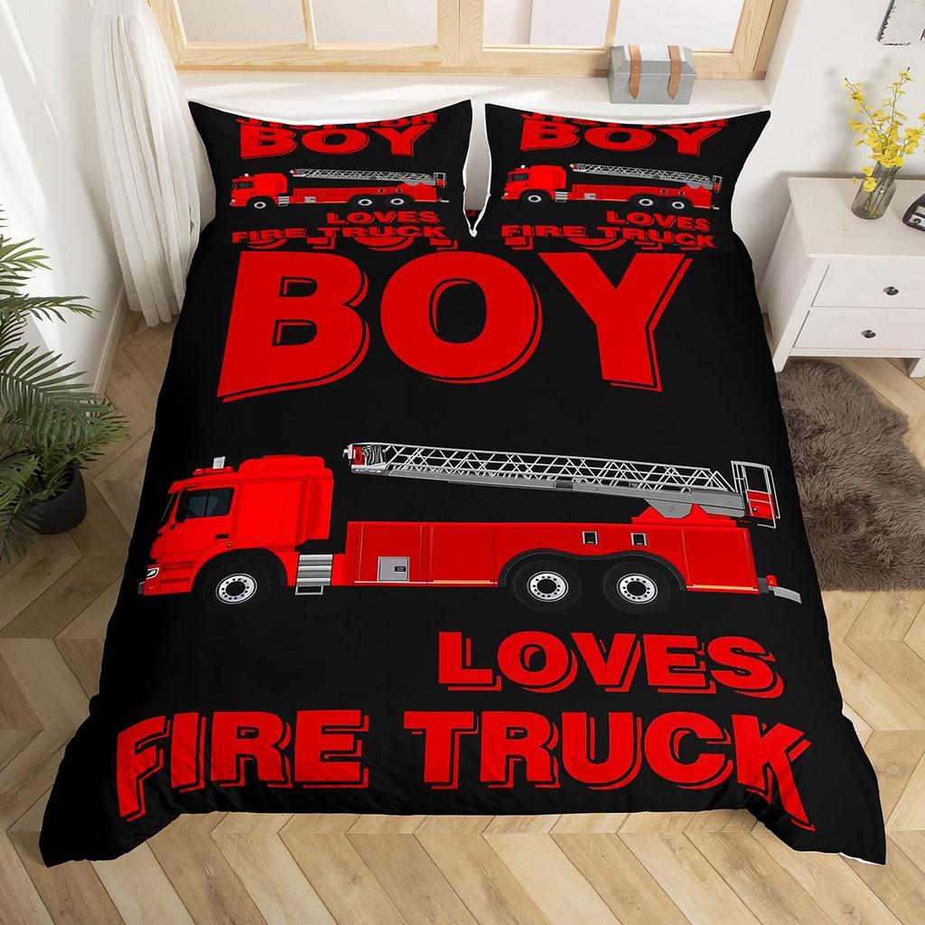 Fire Truck Bedding SetBurning Flames Duvet Cover for Kids Fire Engine Comforter Cover Red Truck Quilt Cover with 2 Pillowcases