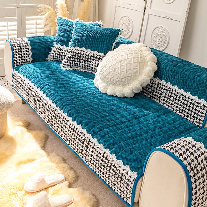 Sofa Cushion Plush Luxury Wind Four Seasons General Simple Modern Non-slip Houndstooth Mat Autumn and Winter Cushion Cover.