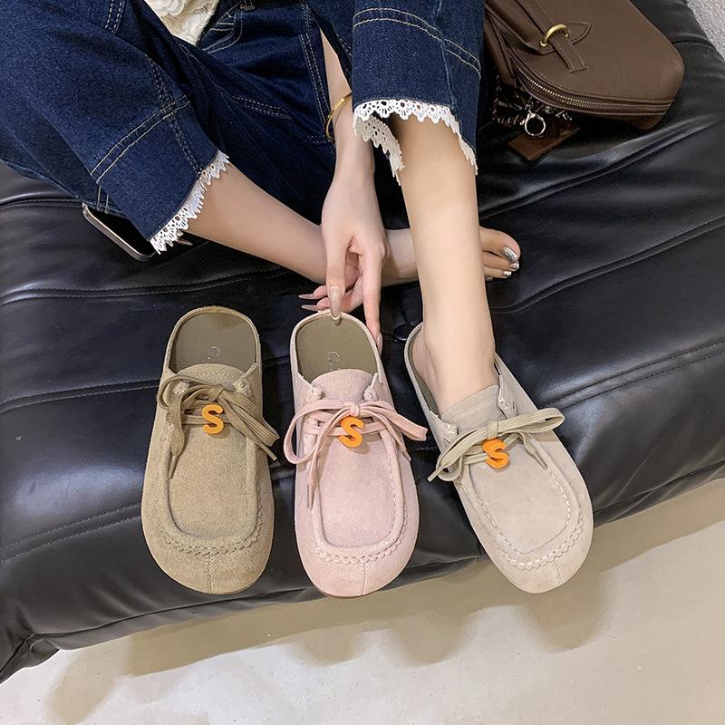 2025 autumn new round bag head solid color versatile fashion style women's one-pedal lace-up thick-soled slippers
