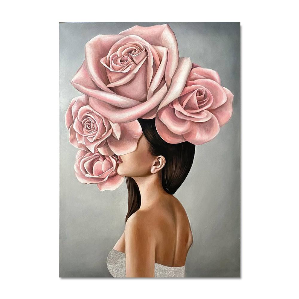 Nordic Home Decorative Poster Women with Rose Flowers Head Wall Art Canvas Painting Modern Interior Living Room Decor No Frame