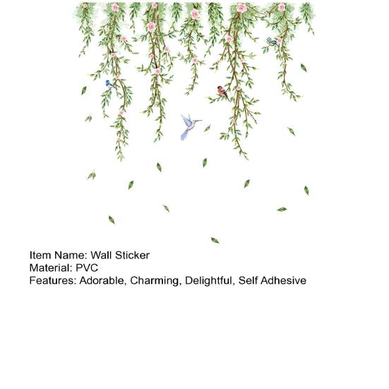 Hanging Willow Leaf Wall Decals DIY Green Vine Plants Wall Sticker Peel And Stick Birds Butterfly Wall Art Mural for TV Background Bedroom Wall Decor