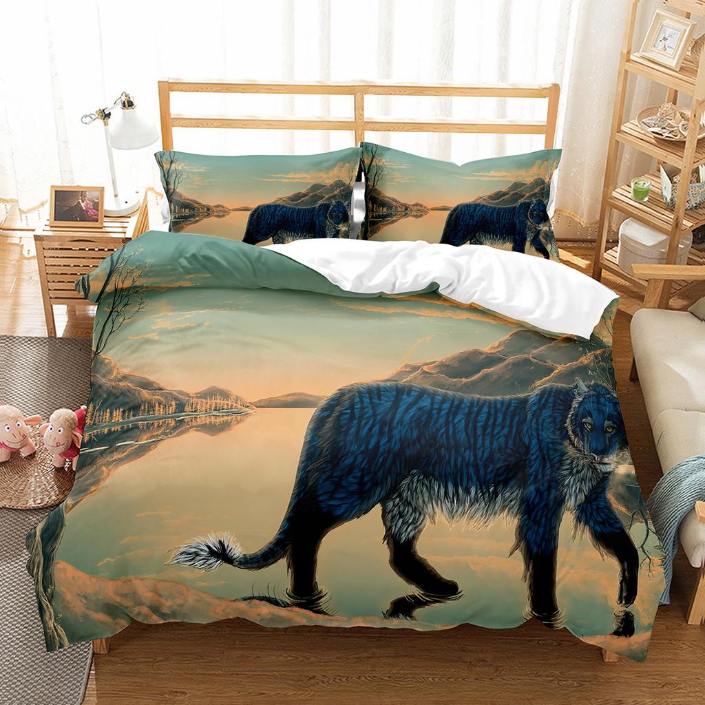 Tiger Duvet Cover Set Purple Flower Comforter Cover Boys African Safari Wild Animals Big Cat Queen King Polyester Quilt Cover