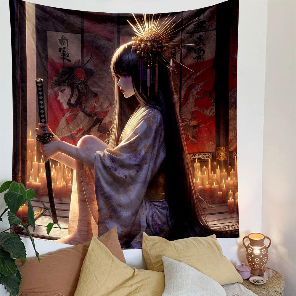 Samurai Girl with Katana and Candlelight Patterned Tapestry Decorative Wall Hanging, Home Bedroom Living Room Decor
