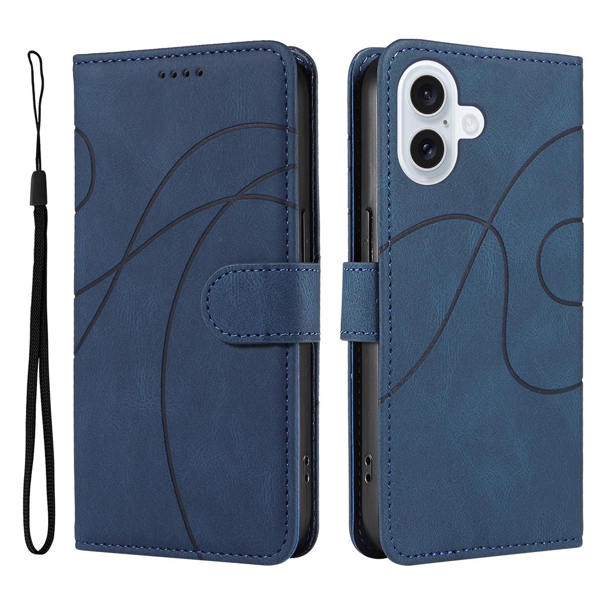 

For iPhone 17 Wallet Case Leather Phone Cover Stand with Curved Line Design Blue