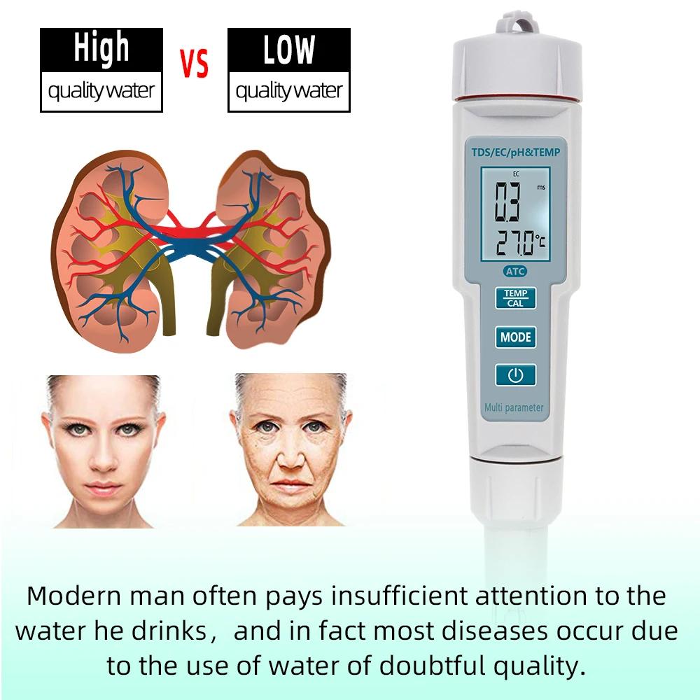 Multifunctional 4 In 1 Water Quality Tester Waterproof PH Meter PH EC TDS Temperature Detector for Pools Drinking Water Aquarium