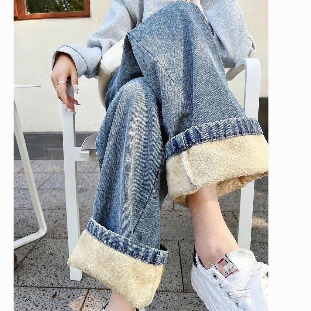 Exclusive Fleece-Lined Wide-Leg Women's Jeans - Autumn/Winter, Loose Fit, Slimming Solid Color