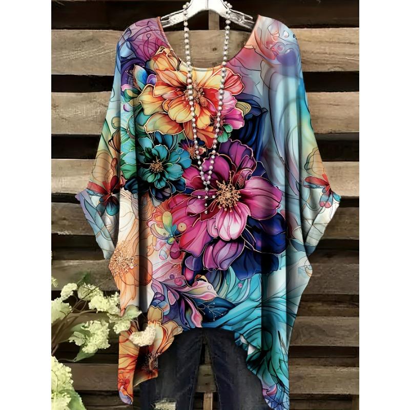Vintage Floral Print Irregular Fashionable Short Sleeve T-Shirt for Women Women's Clothing Loose and Casual Oversized Top