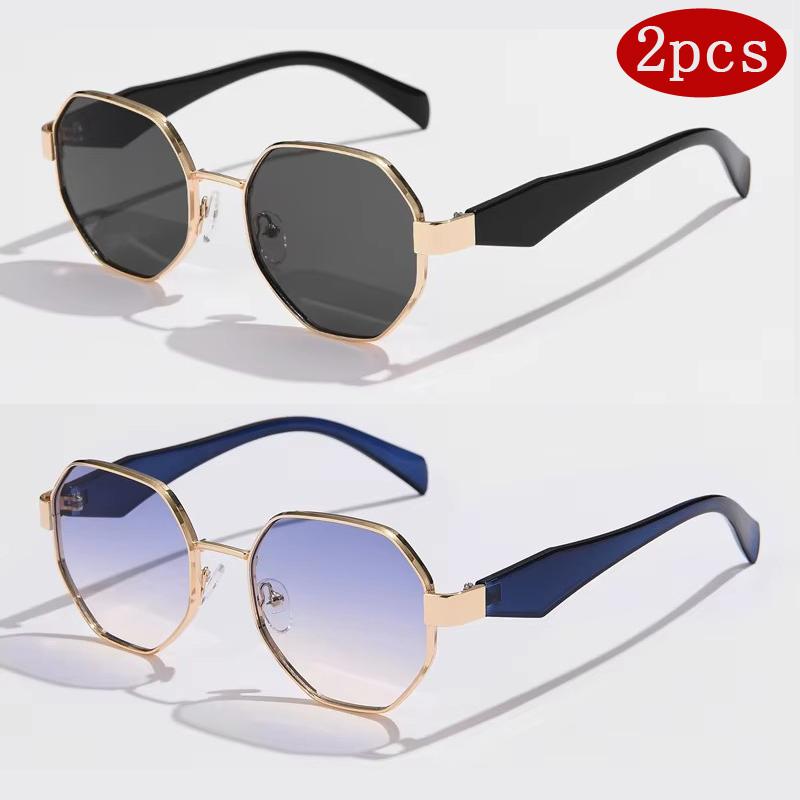 2pcs Retro Polygon Metal Frame Sunglasses Women Fashion Trend Frame Sunglasses Men Luxury Brand Design Decorative Glasses Uv400