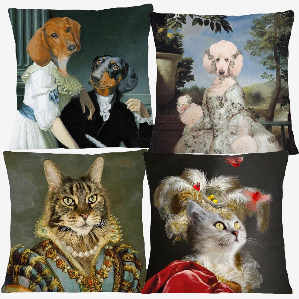 European Vintage Retro Oil Paintings Poodle Dachshund Dog Cat Print Decorative Sofa Throw Decorative Cushion Cover Pillow Case