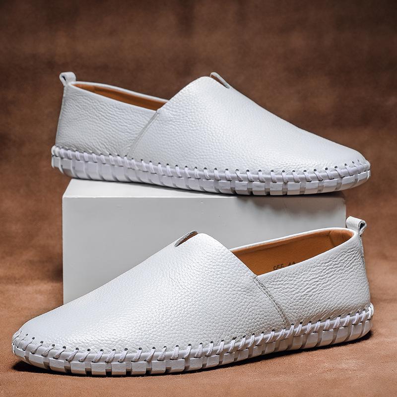 Men's Trendy European & American Slip-On Leather Casual Driving Shoes - Breathable Low-Top, Large Sizes Available