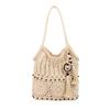 Borsa Intrecciata Fatta a Mano da Donna, Semplice Borsa da Viaggio da Spiaggia, Monocolore con Perline Vuote e Frange, Borsa a Spalla Singola