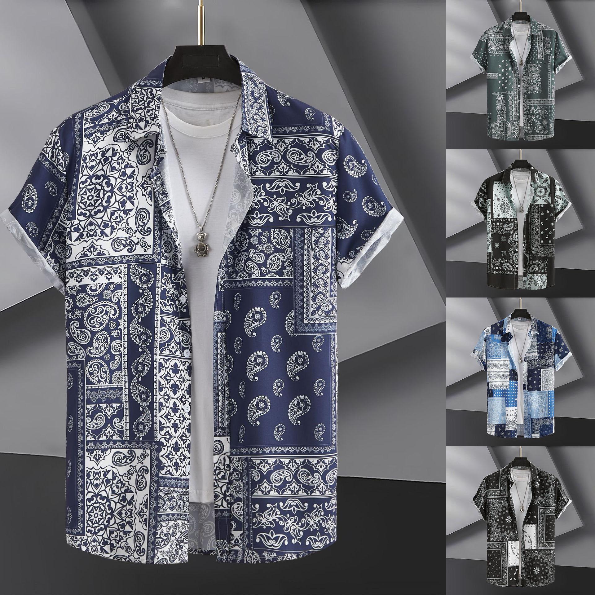 

Летняя мужская рубашка с коротким рукавом, модные топы на пуговицах с отворотом и принтом