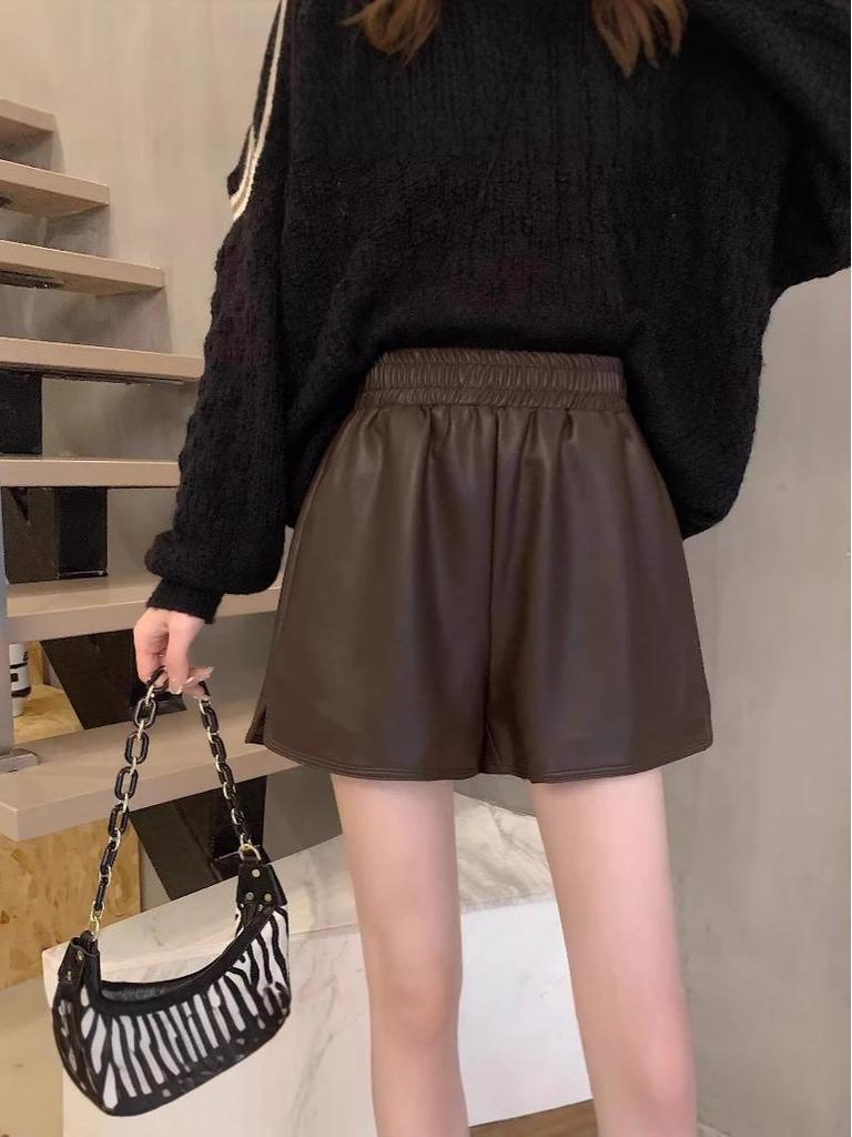 Women's High-Waisted PU Leather A-Line Shorts - Winter 2024, Versatile Wide-Leg Bootcut Pants