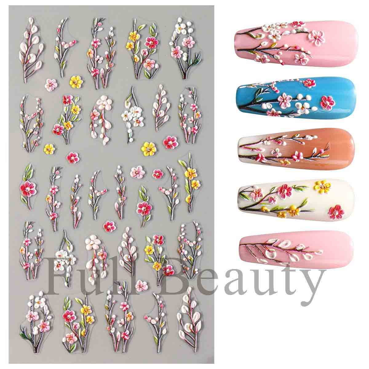 

5D тисненные наклейки для ногтей с белым цветком, наклейки для ногтей, гравировка, цветочные слайдеры для ногтей