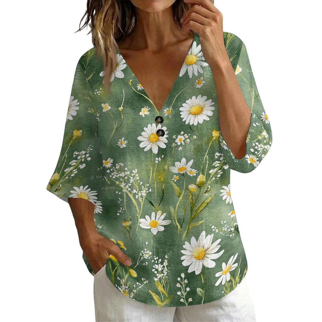 Women V Neck Vintage Floral Print Loose Fit Short Sleeve T Shirt Lightweight Breathable Soft Fabric Casual Top
