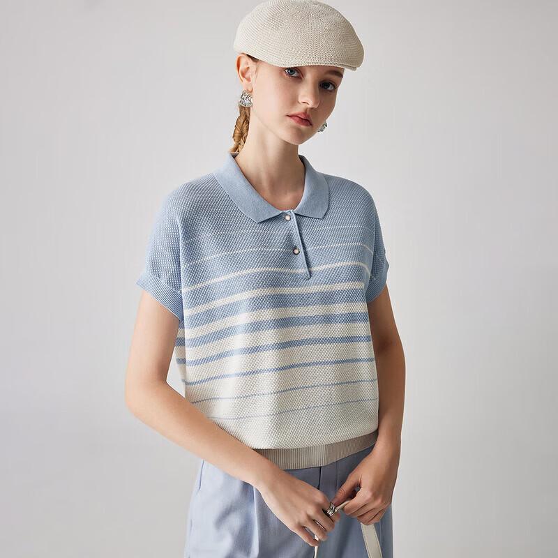 Women's Mulberry Silk Striped Polo Knit T-Shirt