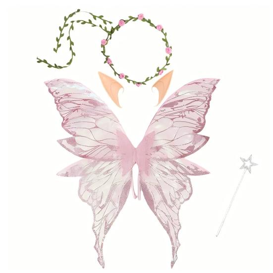 Fairy Wings for Adults And Girls Butterfly Fairy Costume Set with Floral Garland Wand Elf Ears Gradient Organza Butterfly Wings