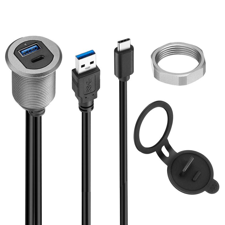 Bochara USB3.0+Type C 3.1 3.0 Male To Female Extension Cable Flush Mount Panel Dashboard Aluminum Alloy With Indicator