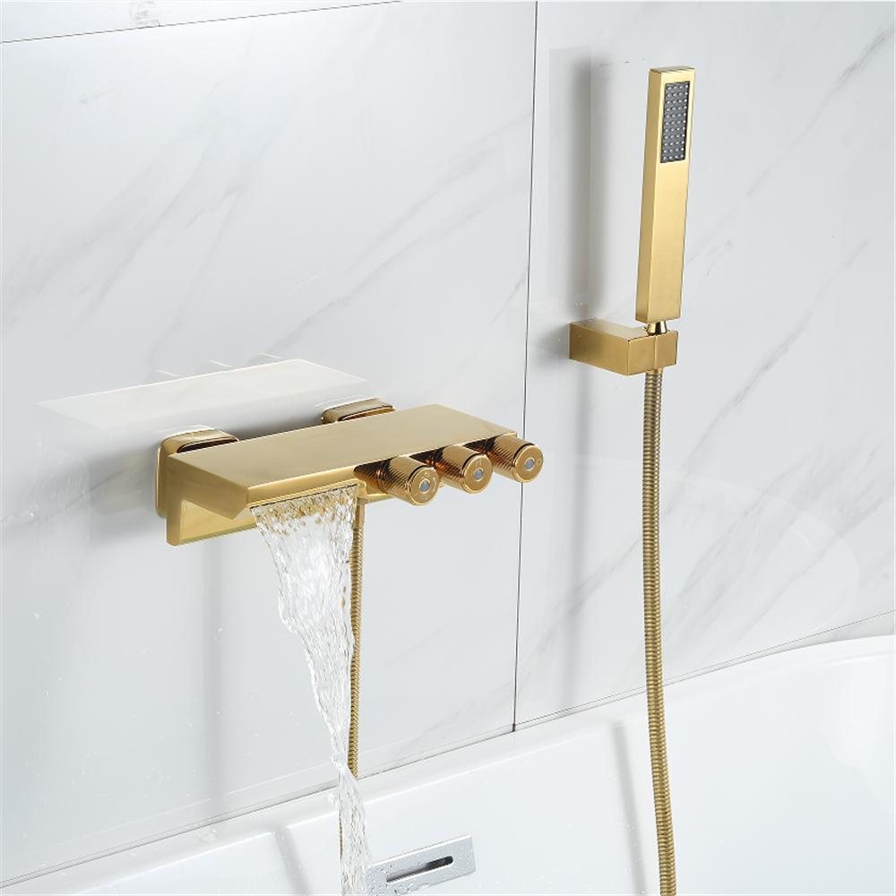 Tuqiu Badewannen-Duschset Wandmontiert Gold/Schwarz Drehbarer Badewannenhahn Badezimmer Wasserfall Bad- und Duschmischer Messing