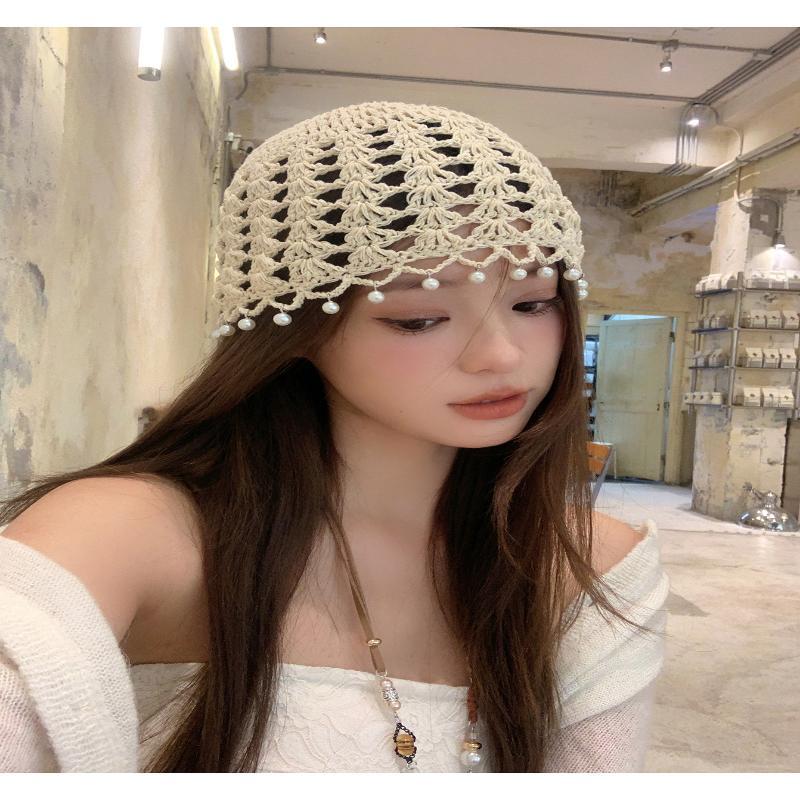 Beige Handmade Crochet Hat Hollow Out Design Faux Pearl Accents Perfect For Boho Daily Wear Vacation Trips