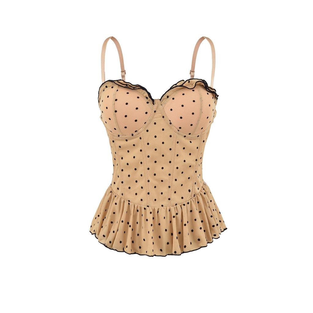French Girl Polka Dot Waist-Cinched Mesh Bandeau Camisole – Slim Sleeveless Summer Top