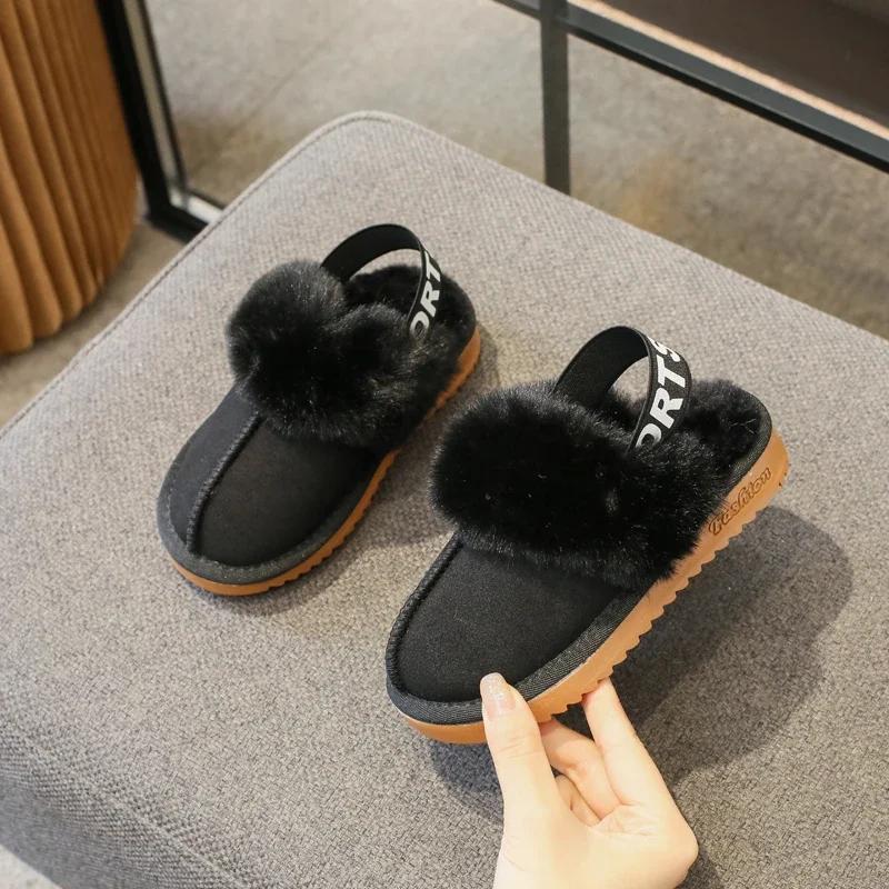 Children Toes Wrapped Plush Slippers Kids Classic Slippers Winter Anti Slip Thick Soled Girls Fur Cotton Shoes Britain 27 чёрный
