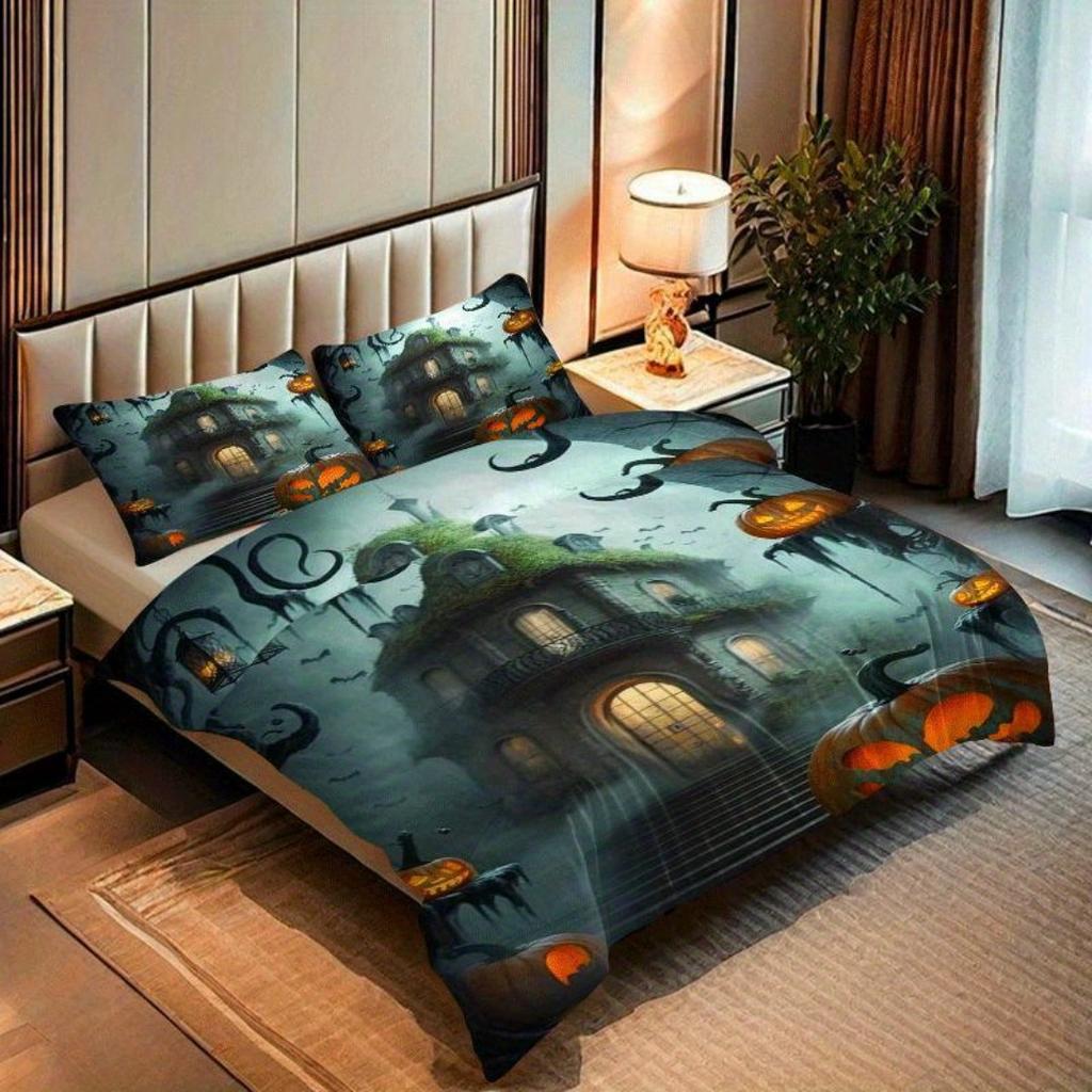 Horro Halloweenowy Zestaw Pościeli Dynia Drukowana Cyfrowo Miękka Przytulna Poszwa na Kołdrę Rozmiar King Queen Twin Single Prezent Urodzinowy Dekoracja Pokoju