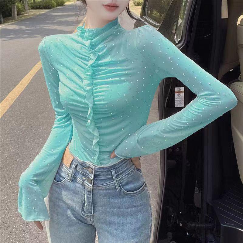 

Футболка из пайеток Pure Desire Mesh для женщин, горячих девушек, сексуальный облегающий топ с грибковым краем и длинными рукавами для женщин 2XL небесно-голубой