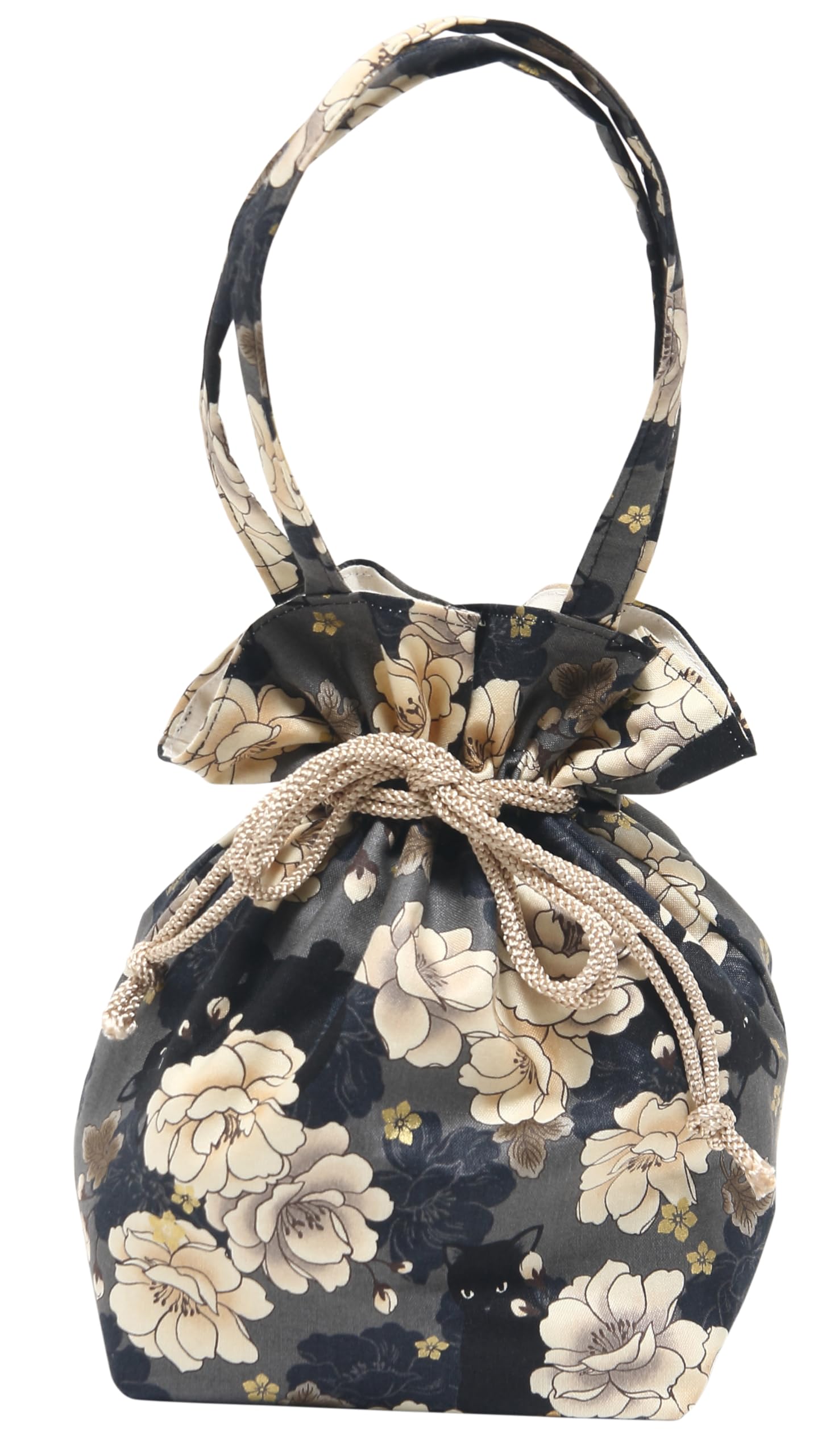 

[Hasegawa] Cat Pattern Drawstring Bag with Handle, Made in Japan (Cat FlowerGray)