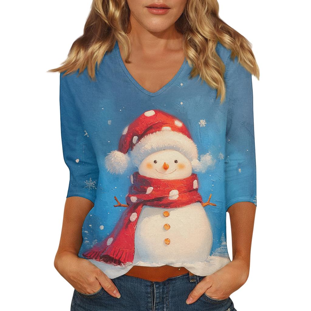 Ladies' Christmas Printed Fashionable Casual Seven Quarter Sleeved V-neck Top
