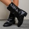 Fold Over Western Cowboy Boots for Women Autumn Winter Retro Thick Heel Riding Boots Woman Slip On PU Leather Mid Calf Botas