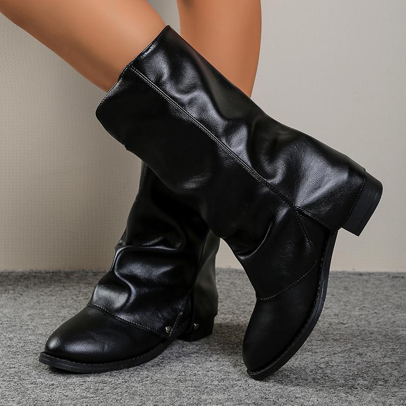 Fold Over Western Cowboy Boots for Women Autumn Winter Retro Thick Heel Riding Boots Woman Slip On PU Leather Mid Calf Botas