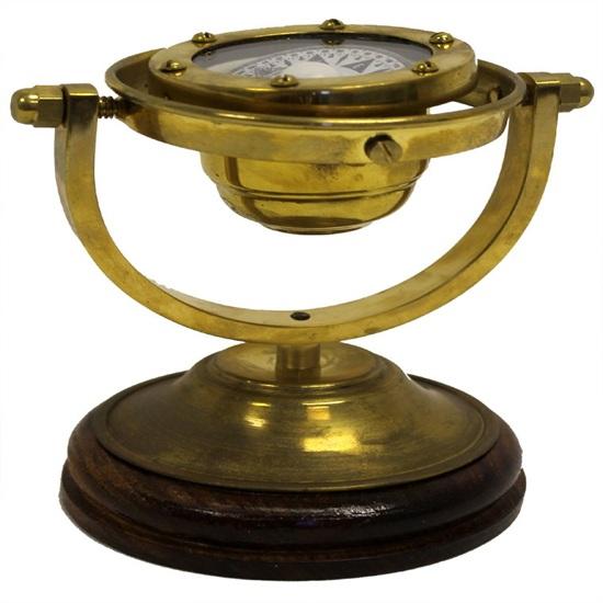 12.7 Cm Gimbaled Brass Compass with Wood Base Nautical Table Top Office, Home Decor Study Room Gifting