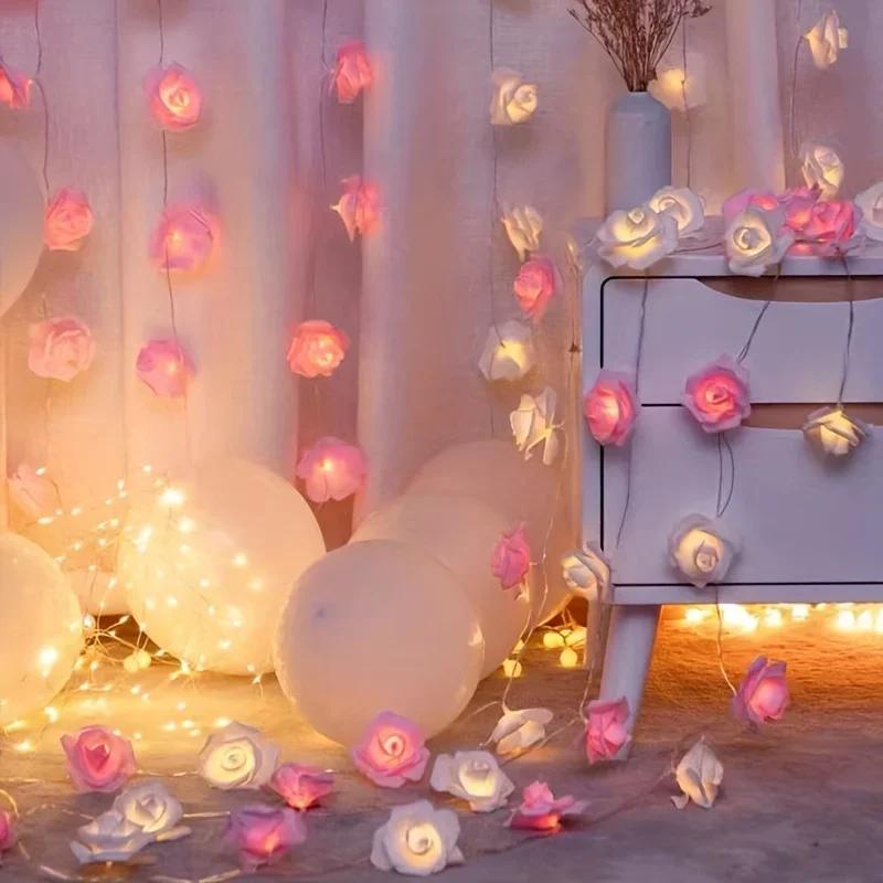 LED Rose Decoration String Light, White Pink Valentine's Day Wedding Use, Room Decoration Night Light, Mother's Day Gift