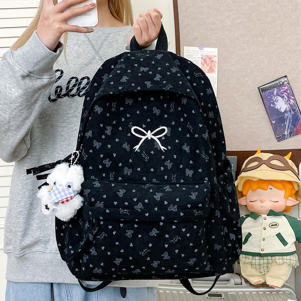 Schoolbag Korean Version Ins Versatile Sweet Backpack Large Capacity Corduroy Bow Campus Student Lightweight School Bag Women