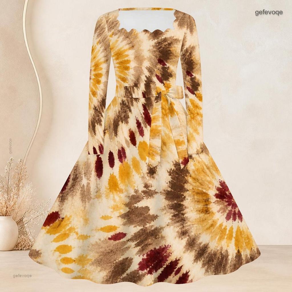 Women Plus Size Square Neck Long Sleeve Printed Tie Waist A Line Dress