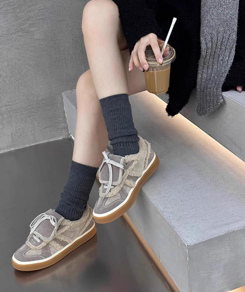 [Heel Height 3 Cm] Charcoal Roasted Pumpkin Orange Autumn and Winter Matte Fur Versatile Outdoor Casual Velvet German Training Shoes